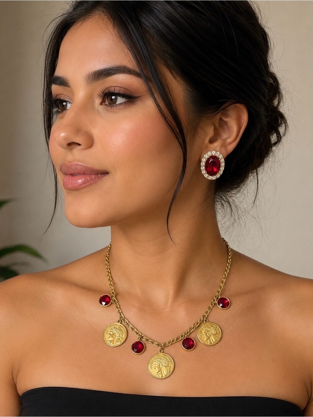 Gold Coin & Ruby Charm Necklace and Earrings Set - Elegant Women's Jewelry